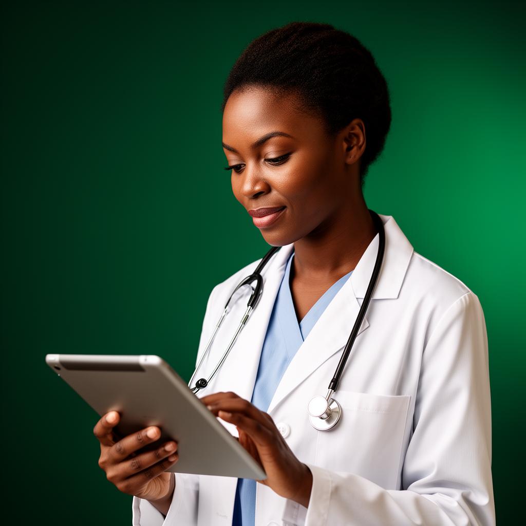 Licensed physician reviewing a medical case on a tablet